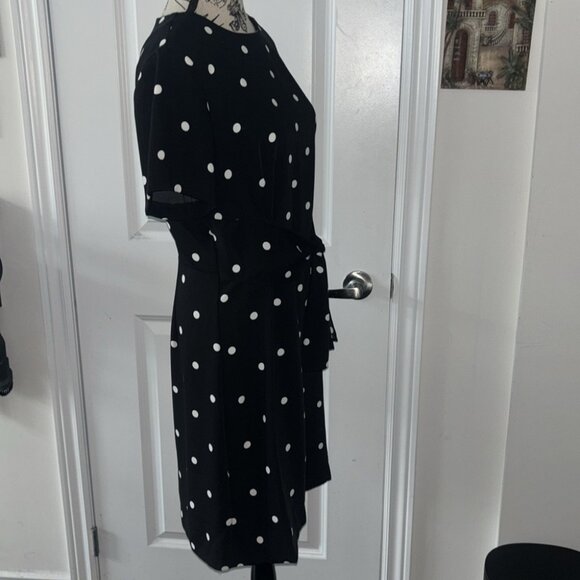 Ann Taylor Size 6 Women's Short Sleeve Polka Dot Black Shift Dress Tie Waist - Picture 5 of 8